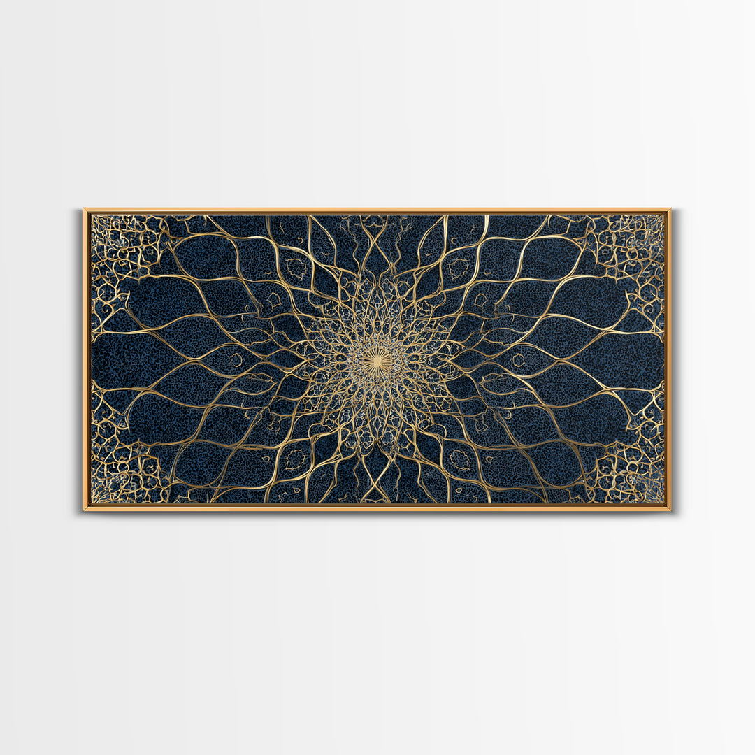 Navy Gold Sacred Geometry Mandala Wall Art, Mystical Spiritual Canvas Wall Art For Meditation Room Decor And Modern Home Decor