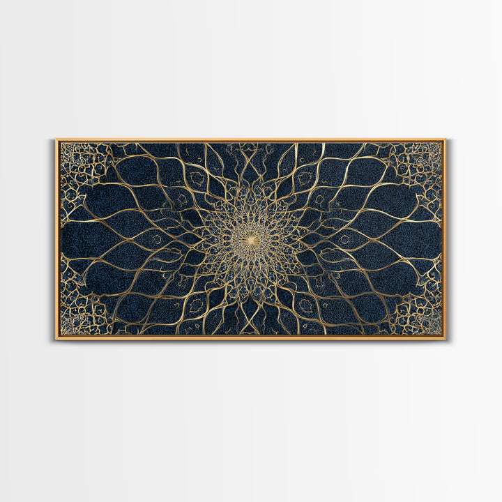 Navy Gold Sacred Geometry Mandala Wall Art, Mystical Spiritual Canvas Wall Art For Meditation Room Decor And Modern Home Decor