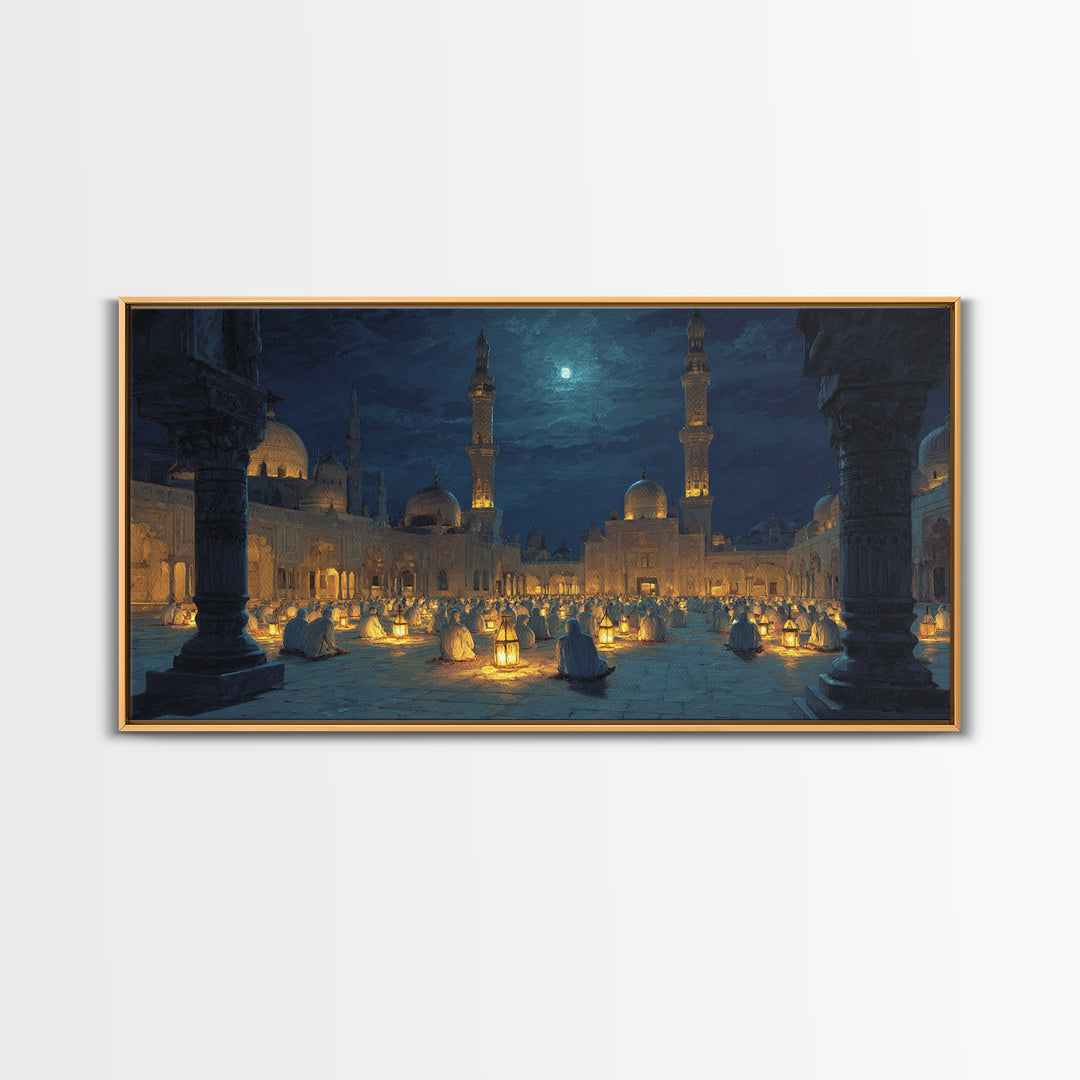 Moonlit Mosque Courtyard With Lanterns Canvas Print, Islamic Wall Art, Prayer Room Decor And Ramadan Gift Idea For Serene Home Decor