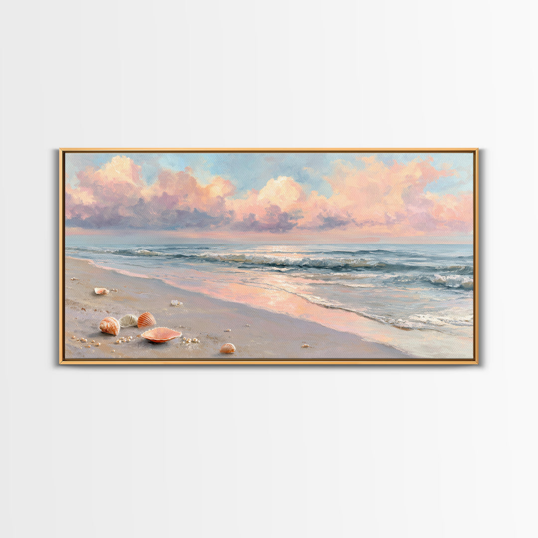 Pastel Ocean Beach Seascape Canvas Print, Coastal Wall Art, Shells And Waves Decor, Beach House Living Room Wall Decor, Gift For Her