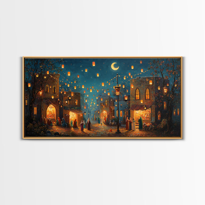 Lantern Lit Old City Bazaar Canvas Print, Crescent Moon Islamic Wall Art, Moroccan Night Market Decor And Ramadan Gift For Home Decor