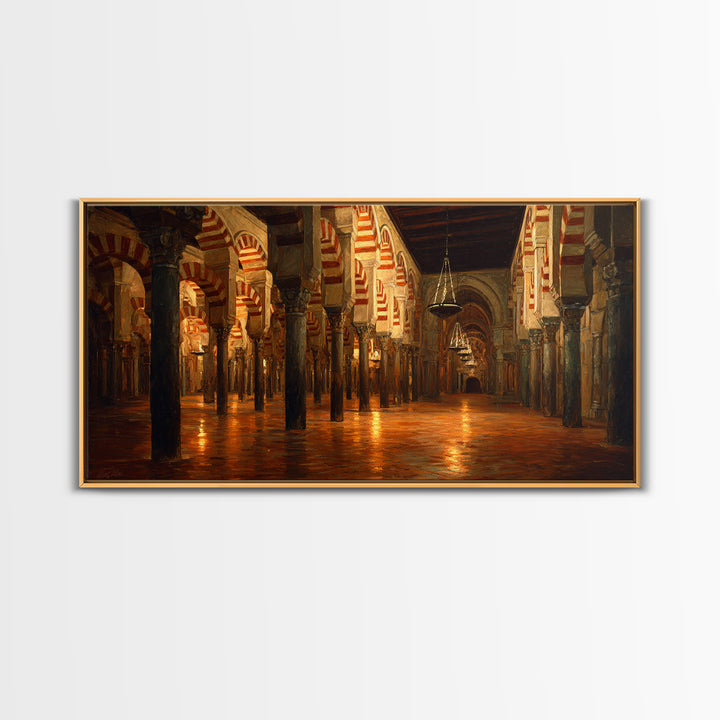 Ornate Islamic Arch Hall Wall Art, Mosque Interior Canvas Print, Moorish Architecture Decor, Warm Historical Home Wall Decor