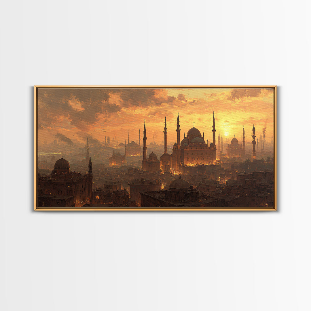 Golden Istanbul Mosque Skyline Wall Art, Islamic Architecture Canvas Print, Sunset Cityscape, Travel Inspired Living Room Decor