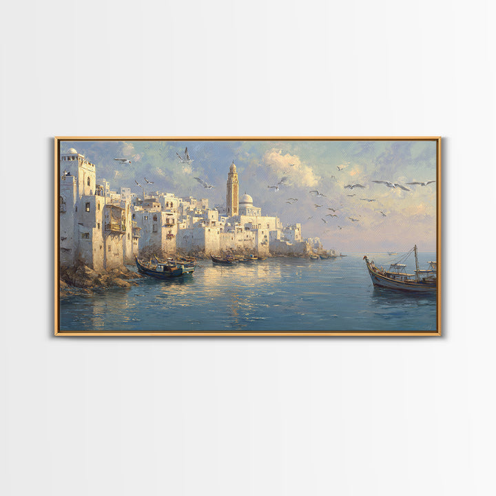 White Mediterranean Harbor With Boats And Seagulls Canvas Print, Coastal Wall Art, Italy Travel Poster, Living Room Decor
