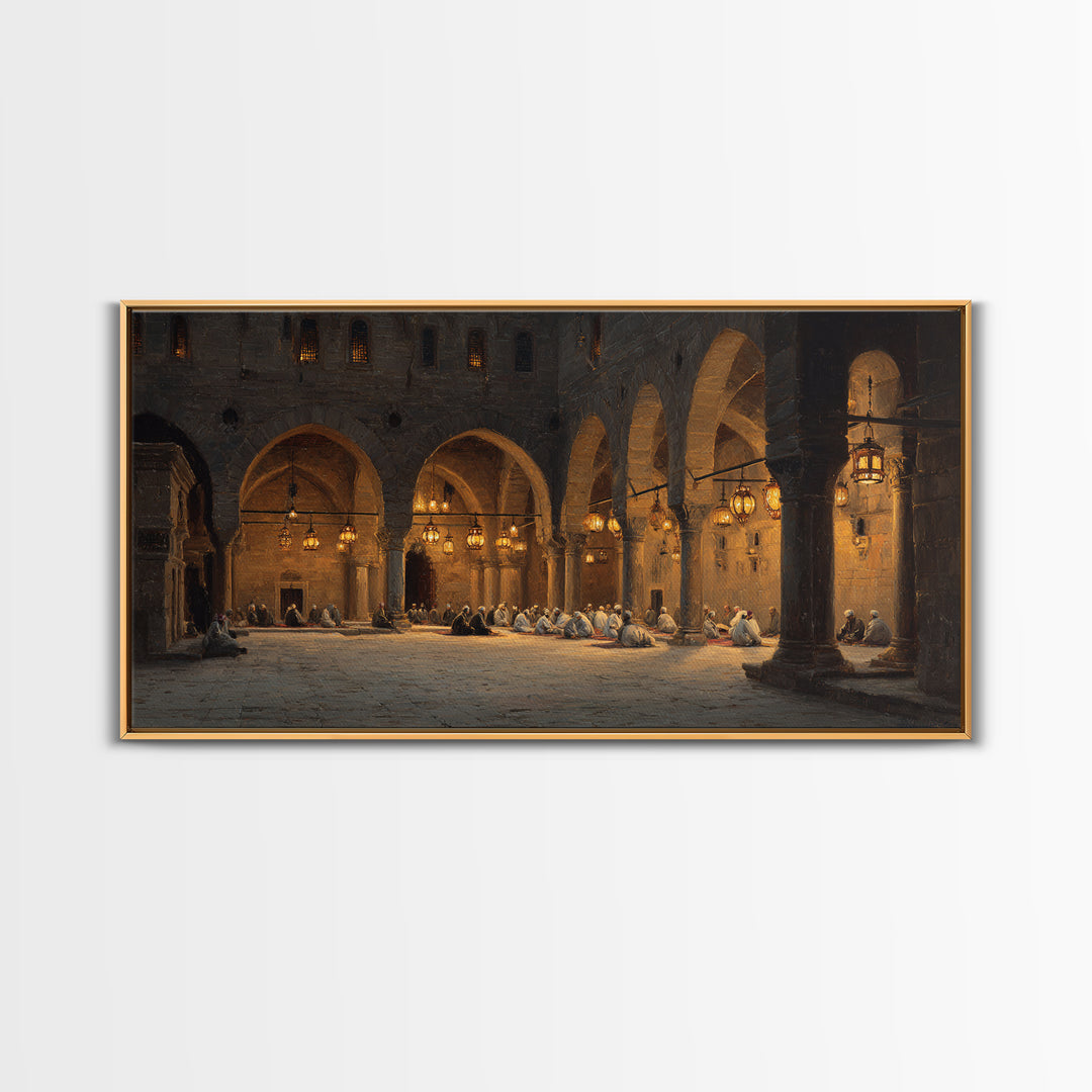 Candlelit Stone Arcade Prayer Scene Wall Art, Islamic Architecture Print, Moody Historic Decor, Large Framed Canvas, Living Room Decor