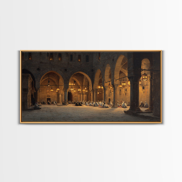 Candlelit Stone Arcade Prayer Scene Wall Art, Islamic Architecture Print, Moody Historic Decor, Large Framed Canvas, Living Room Decor