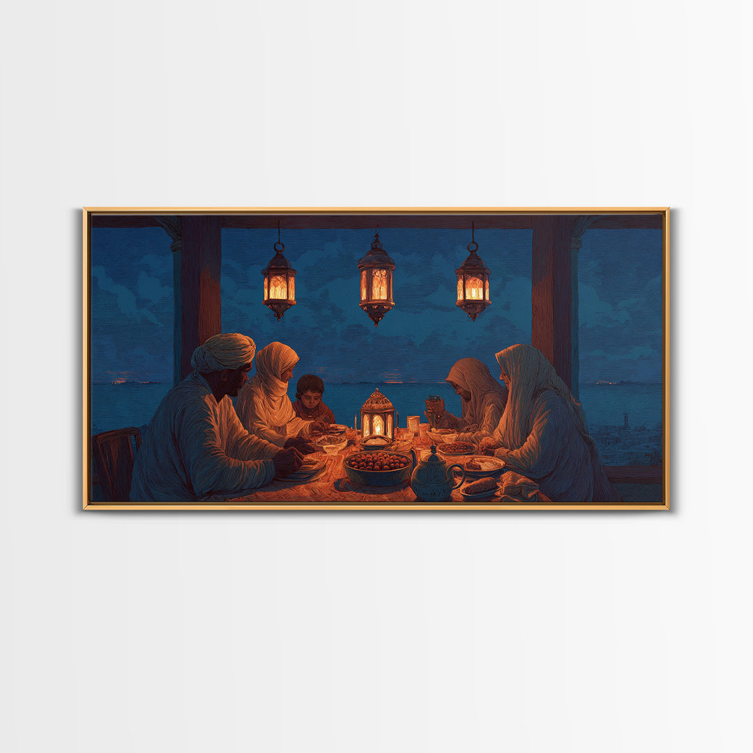 Ramadan Family Iftar By Lantern Light Wall Art, Islamic Canvas Print, Warm Spiritual Decor For Dining Room And Home, Prayer Room