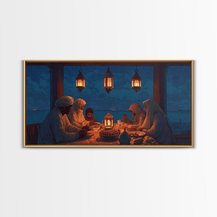 Ramadan Family Iftar By Lantern Light Wall Art, Islamic Canvas Print, Warm Spiritual Decor For Dining Room And Home, Prayer Room