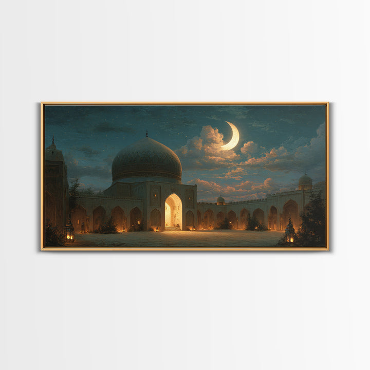 Crescent Moon Mosque Courtyard Framed Canvas Print, Islamic Wall Art, Ramadan Decor, Arabic Architecture Gift For Prayer Room Decor