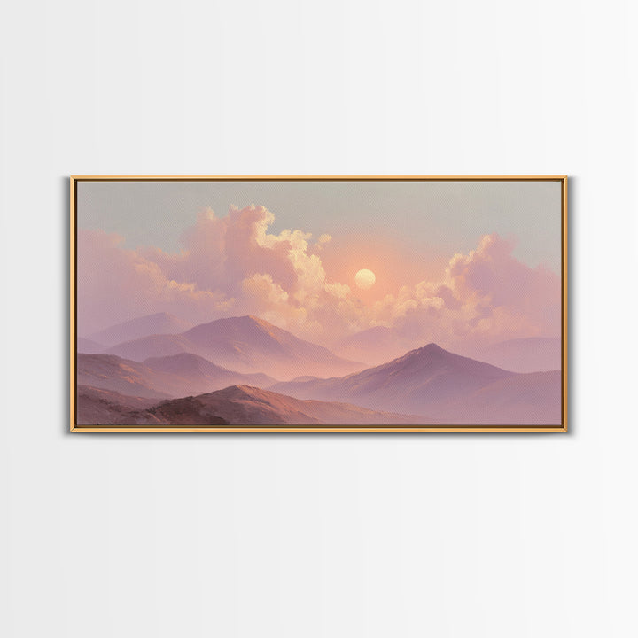 Misty Pink Mountain Sunset Wall Art, Pastel Landscape Canvas Print, Serene Nature Decor, Bedroom Above Bed Calming Wall Art