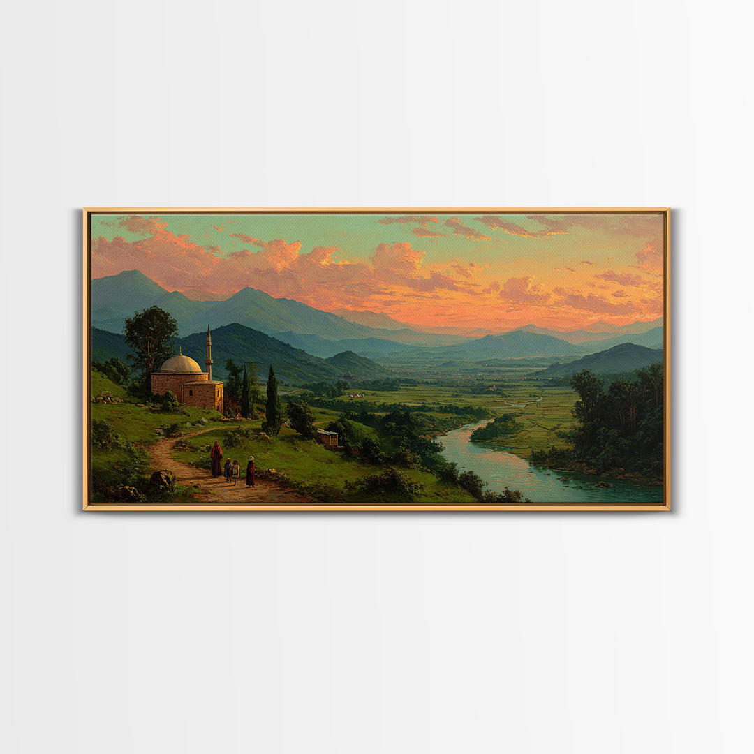 Mountain Valley Mosque At Golden Sunset Canvas Print, Panoramic Landscape Wall Art, Rustic Home Decor, Travel Poster, Fine Art Print