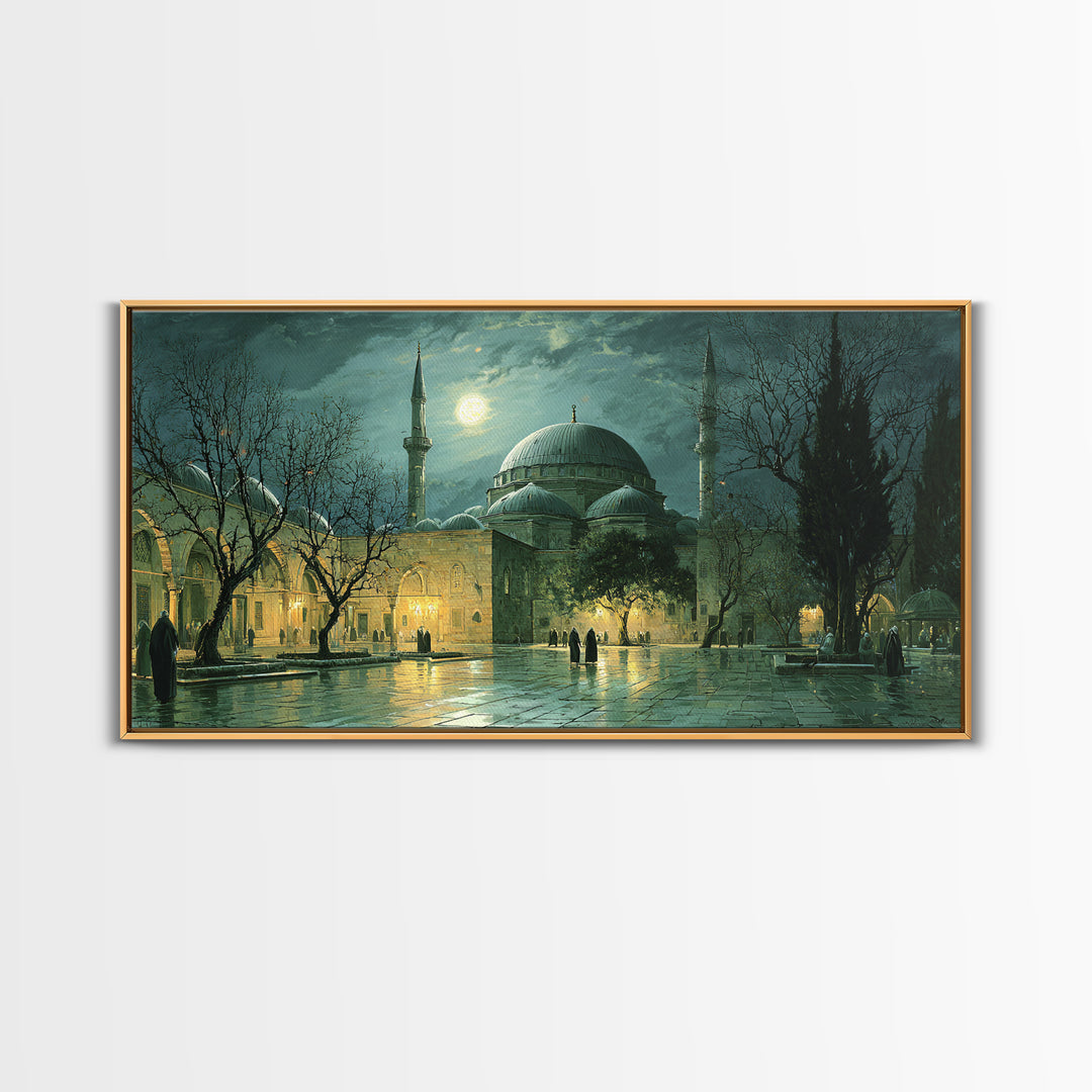 Moonlit Ottoman Mosque Wall Art, Islamic Architecture Canvas Print, Istanbul Landscape, Ramadan Decor, Elegant Home Decor