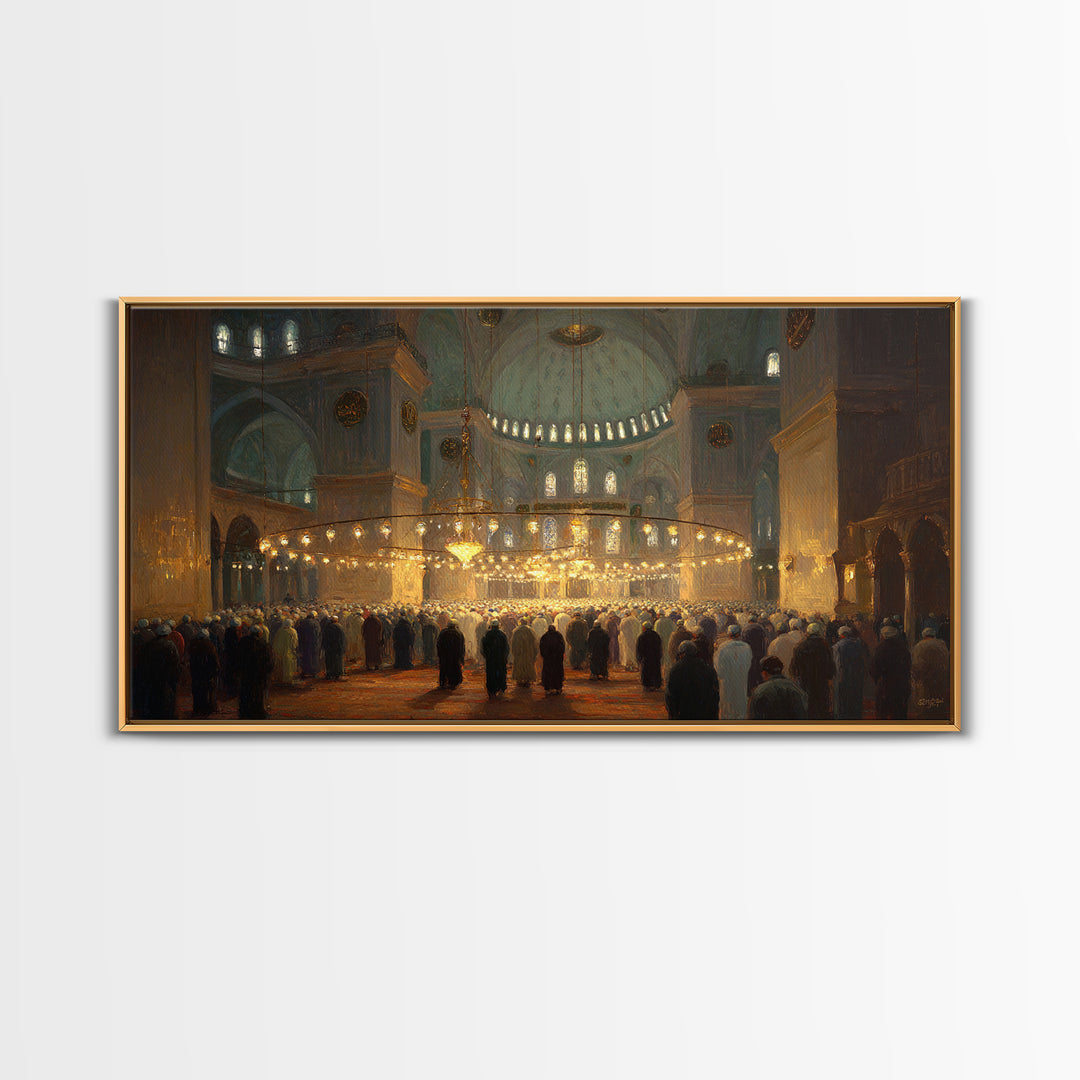 Golden Mosque Prayer Hall Interior Wall Art, Islamic Architecture Framed Canvas Print, Spiritual Decor, Eid Gift For Home