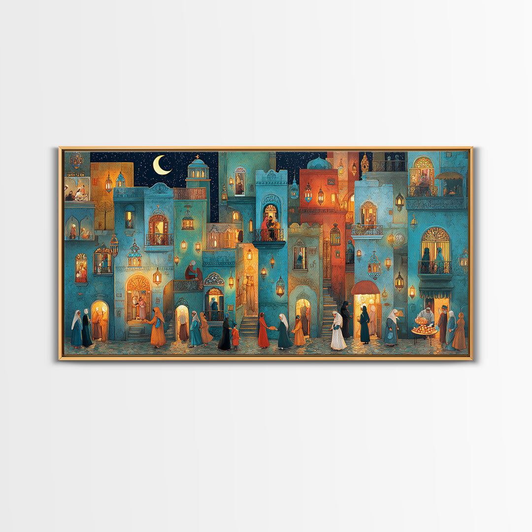 Moonlit Middle Eastern City Wall Art, Ramadan Night Canvas Print, Moroccan Decor, Islamic Home Decor, Housewarming New Home Gift