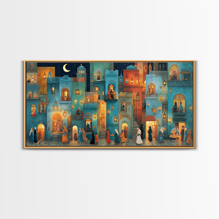 Moonlit Middle Eastern City Wall Art, Ramadan Night Canvas Print, Moroccan Decor, Islamic Home Decor, Housewarming New Home Gift