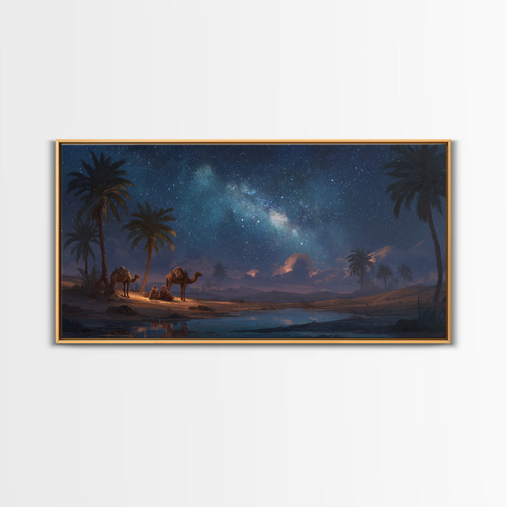 Starry Desert Oasis With Camels Wall Art, Celestial Landscape Canvas Print, Boho Travel Decor, Night Sky Gift For Him, Large Wall Decor