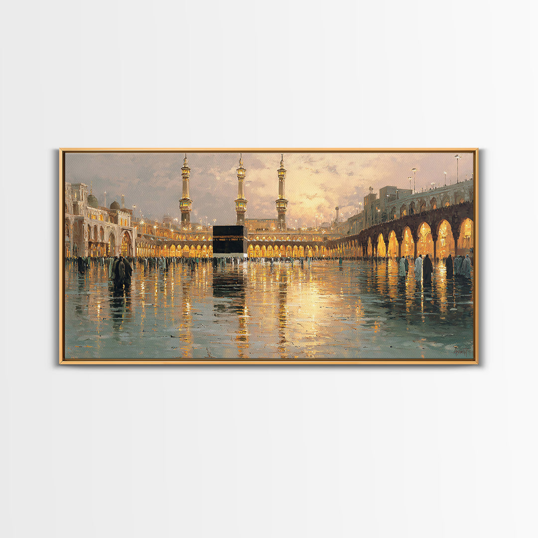 Kaaba Reflection At Masjid Al Haram Framed Canvas Print, Islamic Wall Art, Mecca Mosque Decor, Ramadan Eid Gift For Home