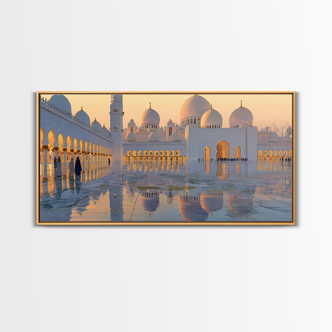 Golden Mosque Reflections Wall Art, Islamic Framed Canvas Print, Serene Architecture Decor For Prayer Room And Home, Office Decor
