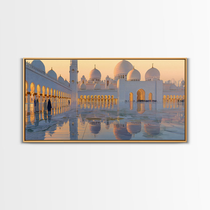 Golden Mosque Reflections Wall Art, Islamic Framed Canvas Print, Serene Architecture Decor For Prayer Room And Home, Office Decor