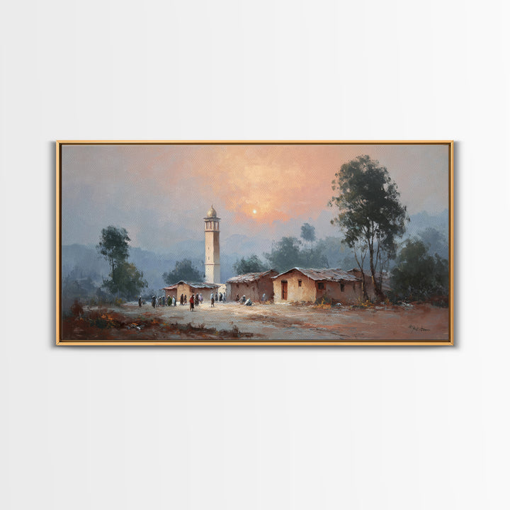 Sunset Mosque Village And Misty Rural Landscape Canvas Print, Country Wall Art, Rustic Home Decor, Housewarming Gift, Fine Art Print