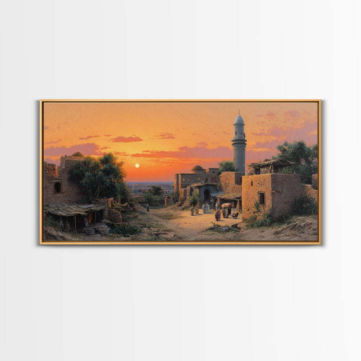 Sunset Village With Stone Mosque Wall Art, Middle Eastern Travel Poster, Islamic Home Decor, Warm Landscape Print, Gift Idea