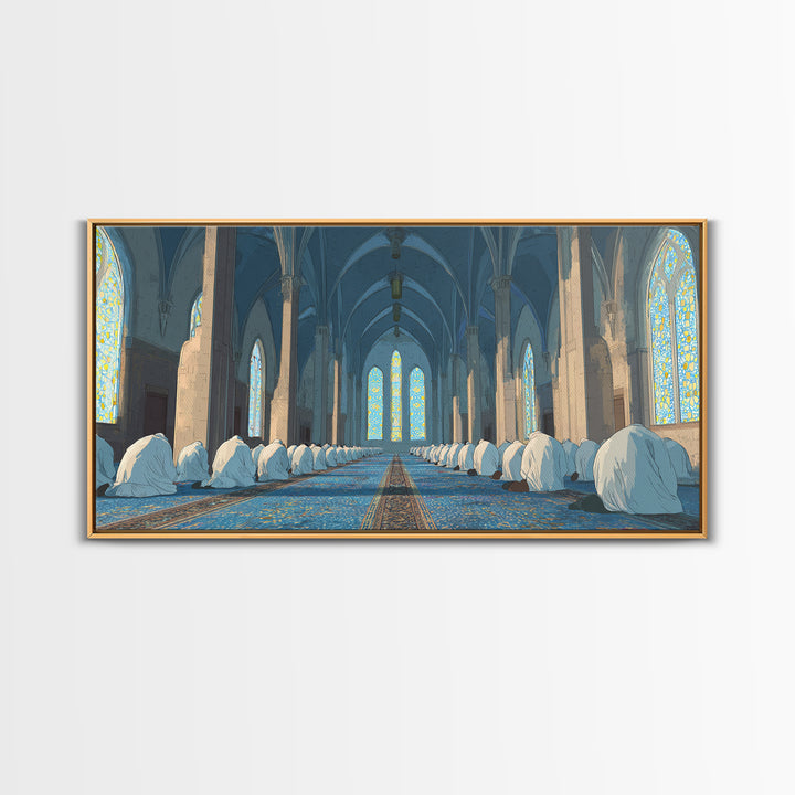 Praying Worshippers In Blue Mosque Framed Canvas Print, Islamic Wall Art, Spiritual Home Decor, Ramadan Housewarming Gift
