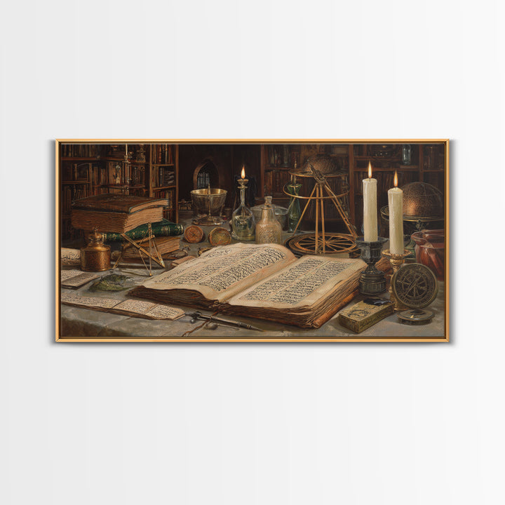 Alchemy Library Manuscript Wall Art, Dark Academia Canvas Print, Occult Still Life, Gothic Office Decor, Book Lover Gift