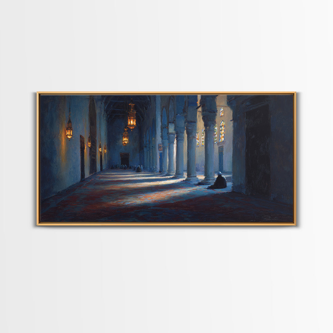 Blue Mosque Prayer Hall Wall Art, Moody Islamic Interior Canvas Print, Lantern Light, Spiritual Home Decor For Meditation