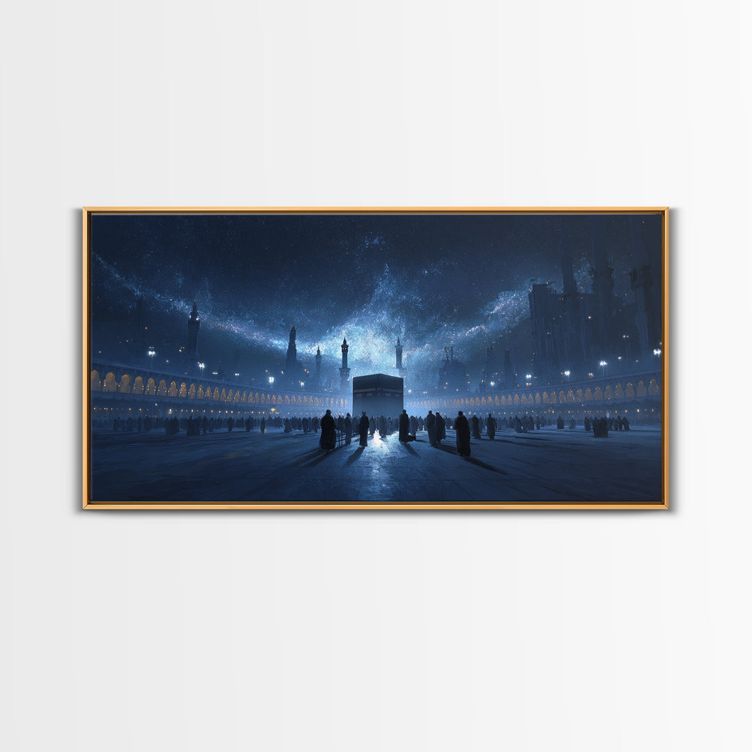Kaaba Under Starry Blue Night Wall Art, Islamic Architecture Canvas Print, Ramadan Decor, Spiritual Travel Poster Gift Idea