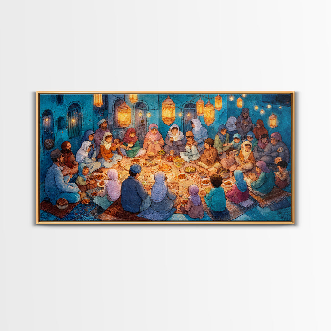 Ramadan Iftar Family Feast Under Lanterns Canvas Print, Islamic Wall Art, Eid Decor, Muslim Home Decor, Housewarming Gift