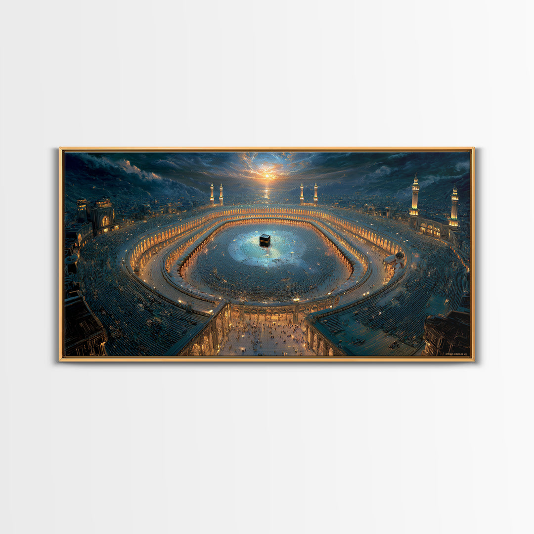 Aerial Kaaba Pilgrimage Wall Art, Islamic Framed Canvas Print, Mecca Mosque Spiritual Decor, Eid Muslim Housewarming Gift