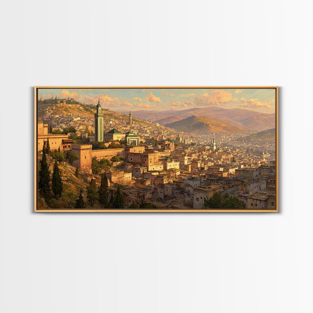 Golden Moroccan Medina Cityscape Canvas Print, Travel Poster Wall Art For Living Room Decor And Elegant Morocco Wall Decor