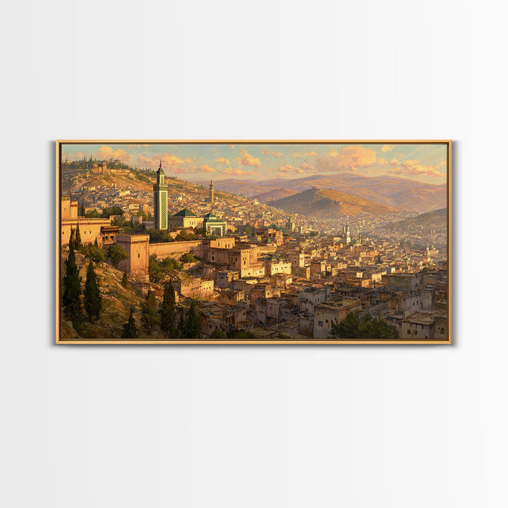 Golden Moroccan Medina Cityscape Canvas Print, Travel Poster Wall Art For Living Room Decor And Elegant Morocco Wall Decor