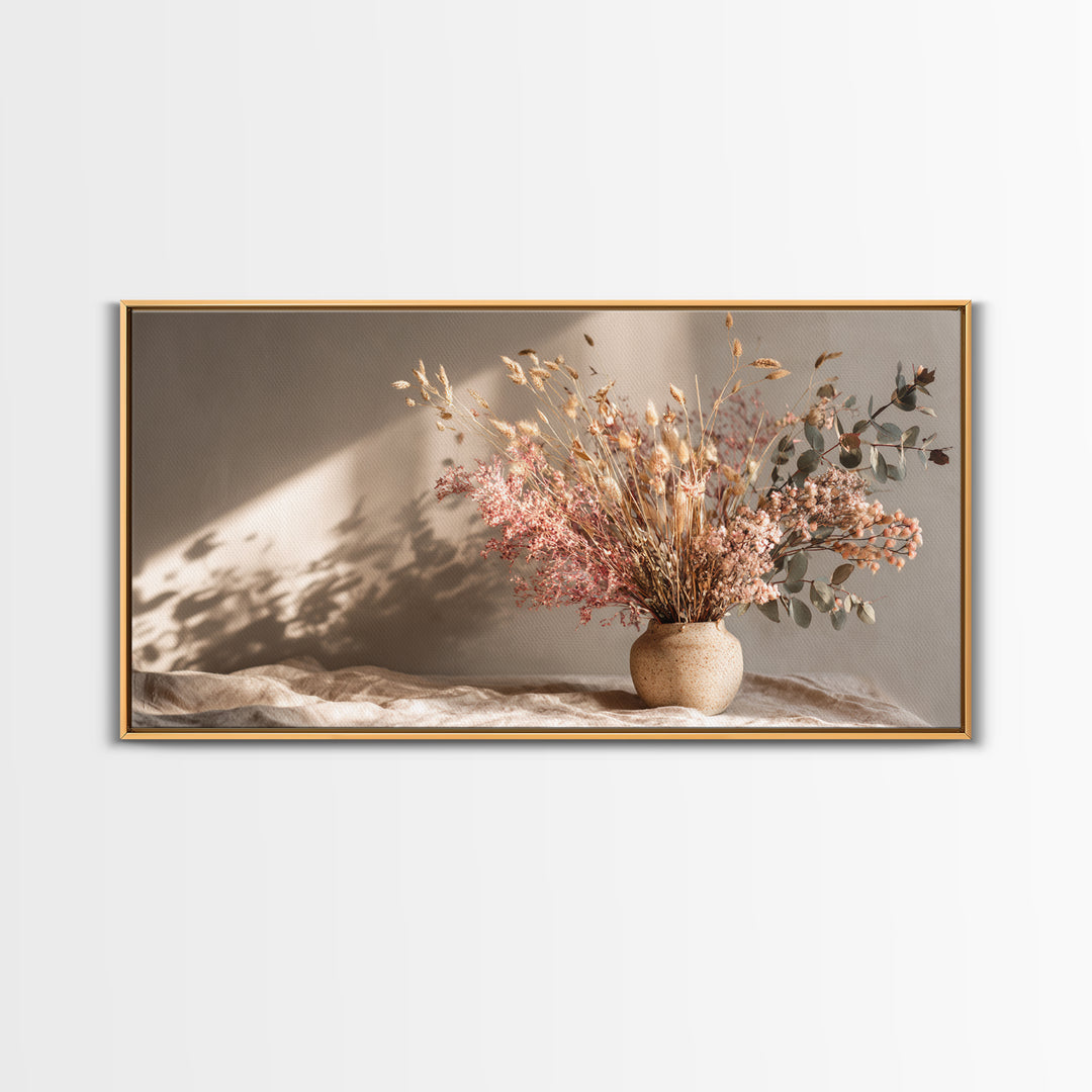 Blush Dried Floral Bouquet In Ceramic Vase Framed Canvas Print, Neutral Boho Wall Art, Earth Tone Living Room Decor Gift