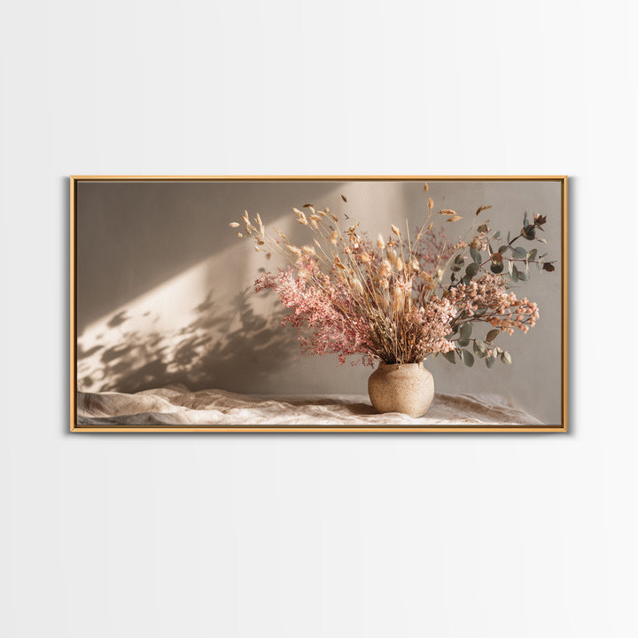 Blush Dried Floral Bouquet In Ceramic Vase Framed Canvas Print, Neutral Boho Wall Art, Earth Tone Living Room Decor Gift