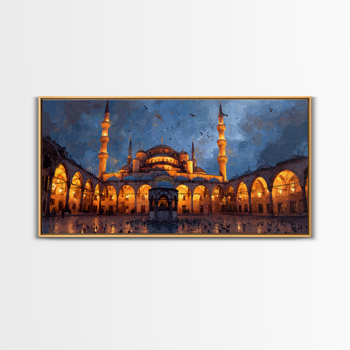Illuminated Mosque Courtyard Wall Art, Islamic Architecture Canvas Print, Blue Evening Decor, Prayer Room Decor, Eid Gift