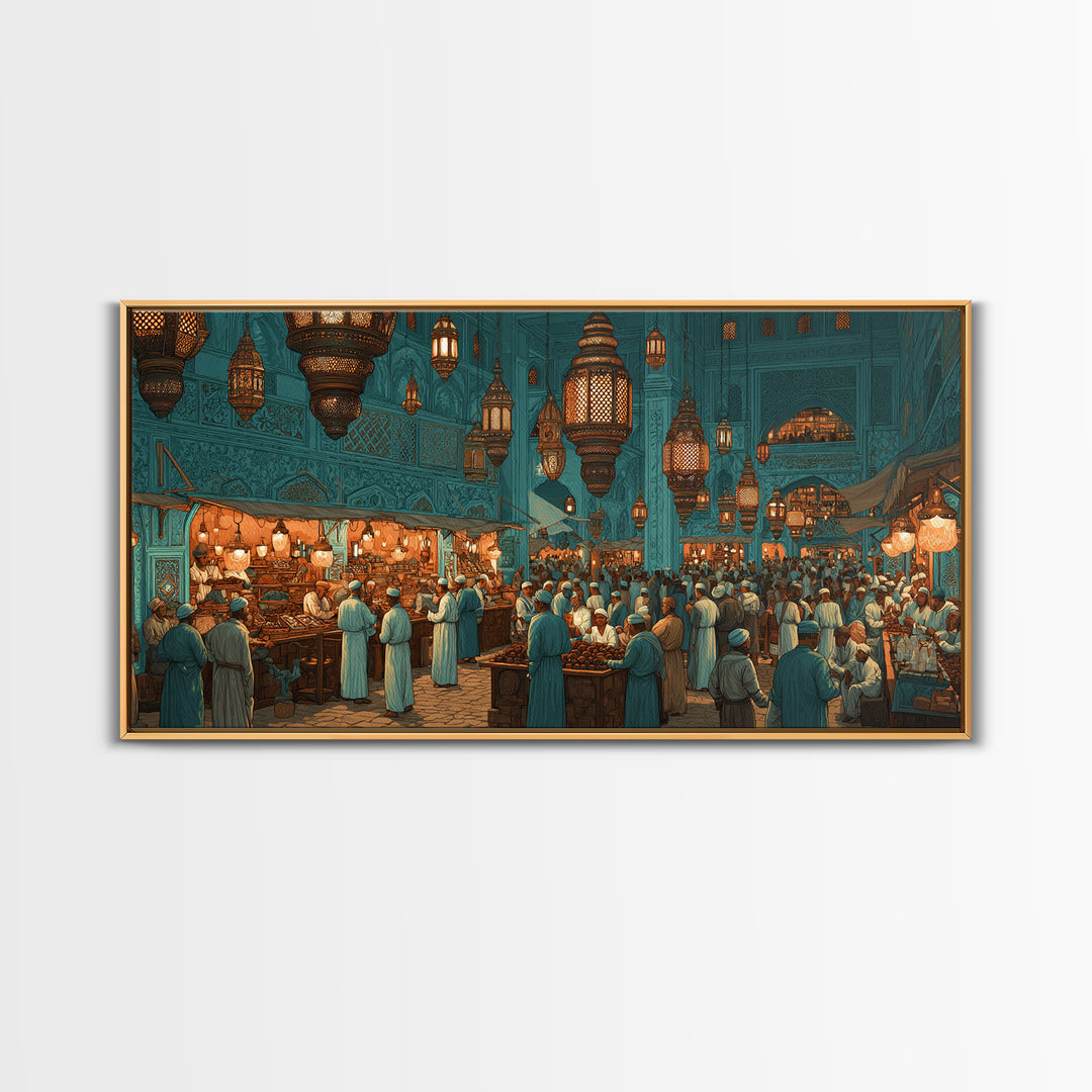 Moroccan Lantern Market Wall Art, Teal Souk Scene, Islamic Architecture Print, Middle Eastern Home Decor, Ramadan Gift For Living Room