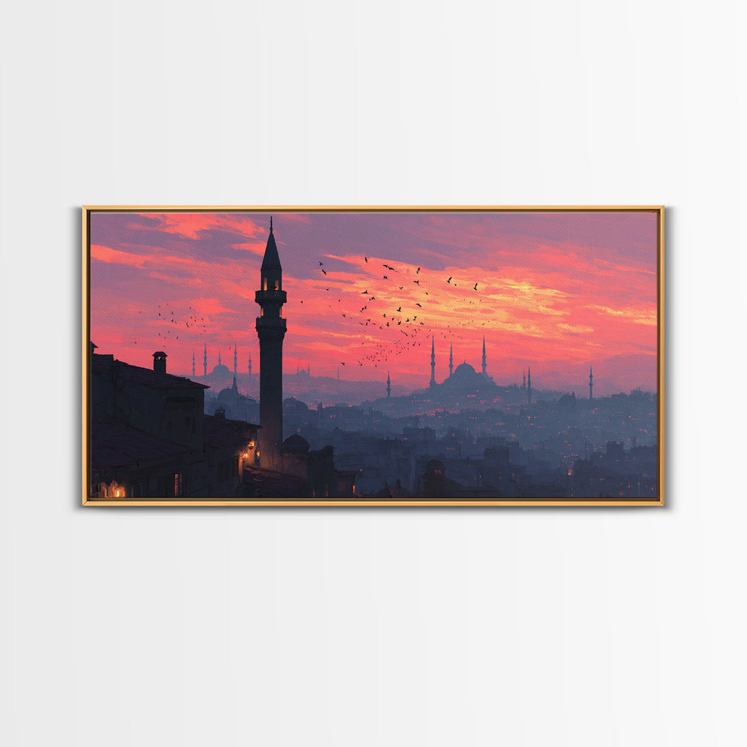 Istanbul Minarets At Pink Sunset Wall Art, Turkish Skyline Canvas Print, Middle Eastern Decor, Travel Poster, Islamic Art