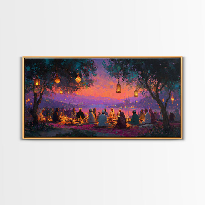 Lantern Lit Sunset Iftar Gathering Canvas Print, Islamic Wall Art, Ramadan Decor, Middle Eastern Home Decor Gift For Family