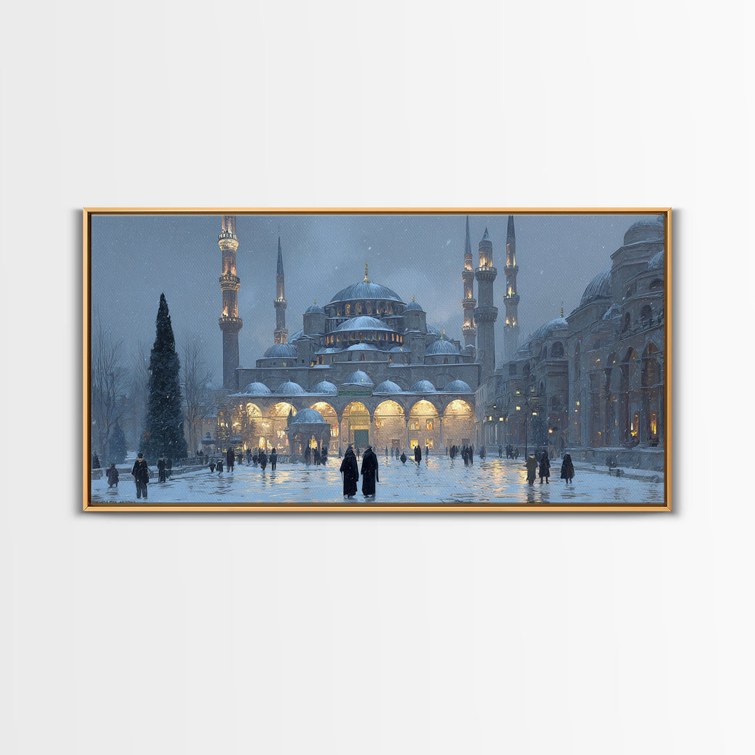Snowy Istanbul Mosque Framed Canvas Print, Islamic Architecture Wall Art, Blue Winter Cityscape, Elegant Home Decor Gift