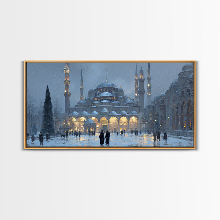 Snowy Istanbul Mosque Framed Canvas Print, Islamic Architecture Wall Art, Blue Winter Cityscape, Elegant Home Decor Gift