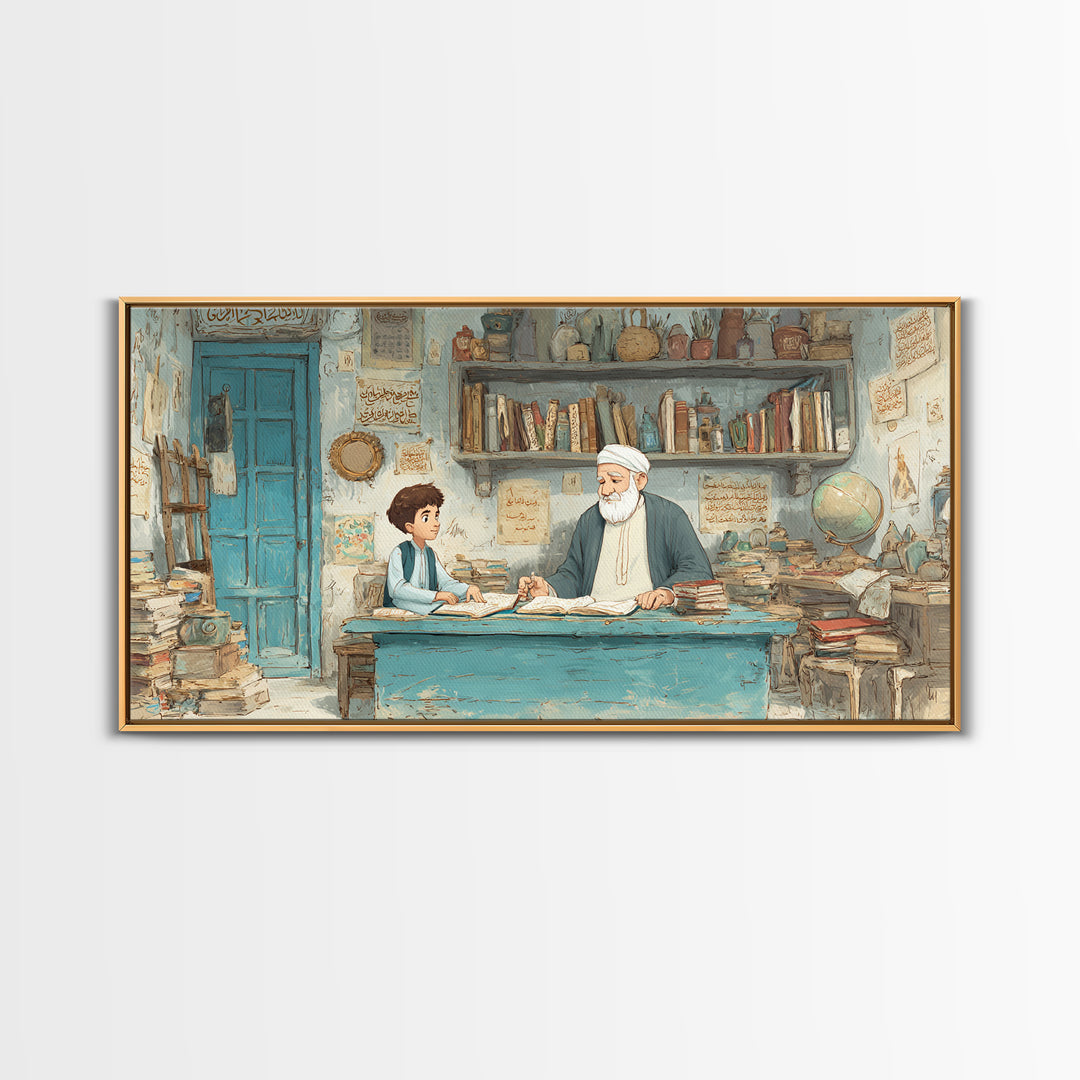 Wise Teacher And Child In Arabic Library Wall Art, Islamic Calligraphy Canvas Print, Scholarly Office Decor Gift For Teacher