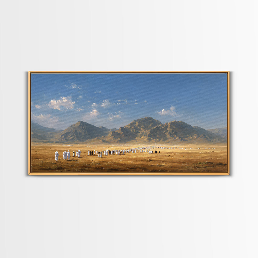 Desert Pilgrimage Beneath Rugged Mountains Framed Canvas Print, Islamic Wall Art, Panoramic Landscape Home Decor Gift Idea