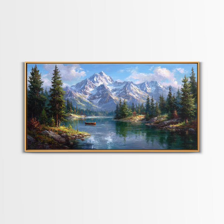 Snowy Mountain Lake With Canoe Framed Canvas Print, Alpine Landscape Wall Art, Rustic Cabin Decor, Nature Gift For Living Room