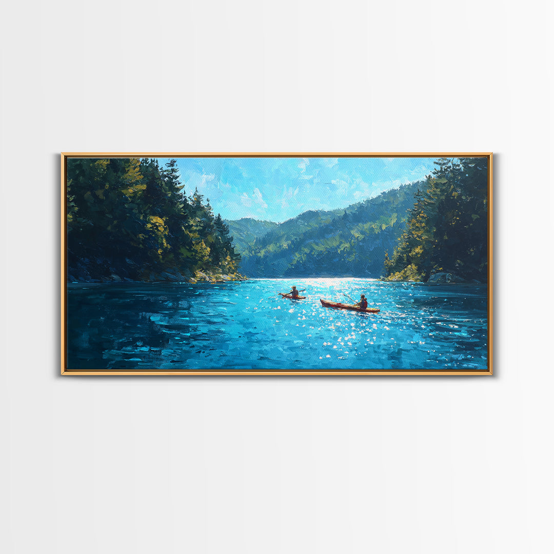 Kayakers On Blue Mountain Lake Wall Art, Forest Landscape Canvas Print, Calming Nature Decor, Serene Cabin Living Room Wall Art
