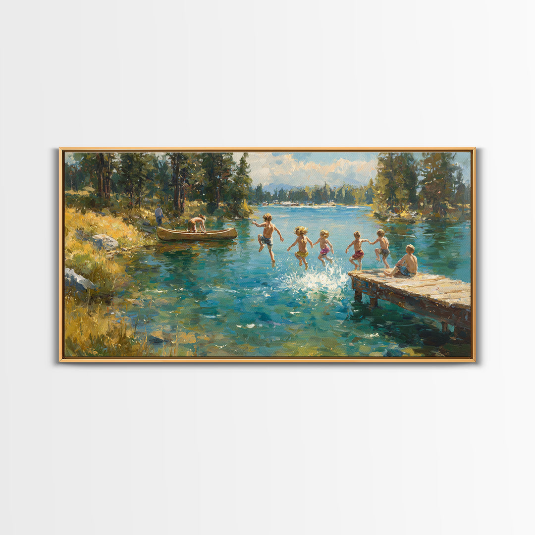 Children Jumping Into Summer Lake Canvas Print, Impressionist Landscape Wall Art, Cabin Decor, Lake House Art, Family Gift
