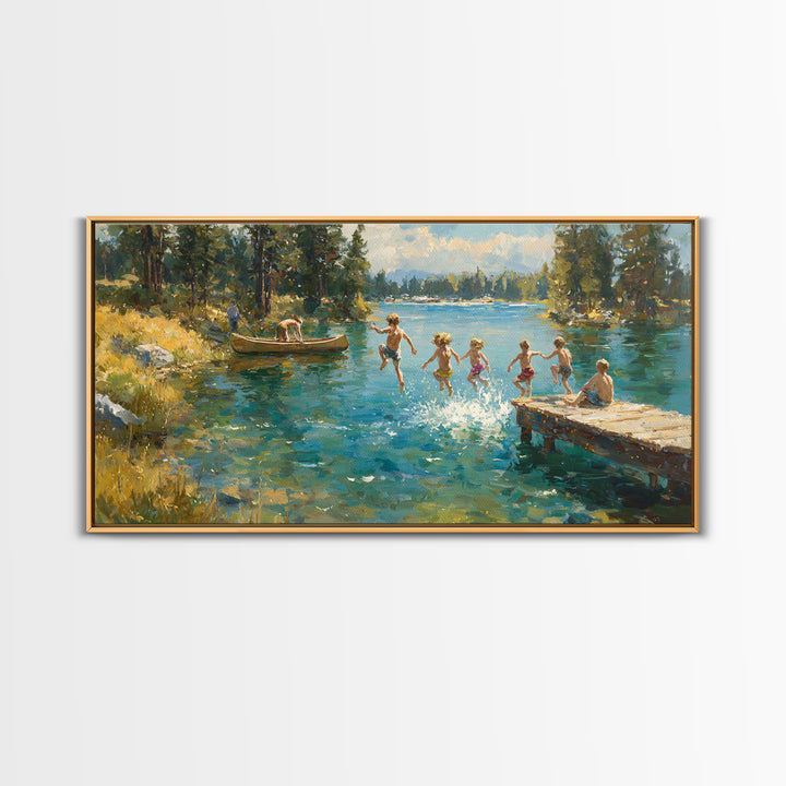 Children Jumping Into Summer Lake Canvas Print, Impressionist Landscape Wall Art, Cabin Decor, Lake House Art, Family Gift