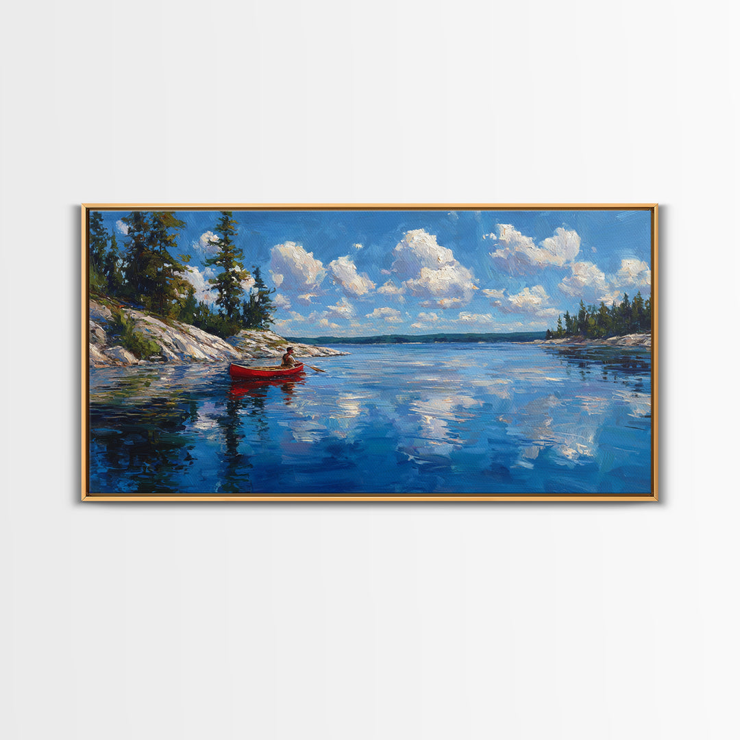 Red Kayak Mountain Lake Wall Art, Blue Water Landscape Canvas, Peaceful Cabin Decor For Lake House, Nature Art Print Gift