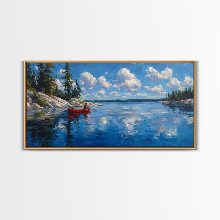 Red Kayak Mountain Lake Wall Art, Blue Water Landscape Canvas, Peaceful Cabin Decor For Lake House, Nature Art Print Gift