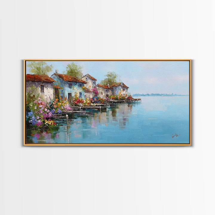 Mediterranean Village Reflected On Blue Water Wall Art, Italian Coastal Canvas Print, Lake Como Decor, European Home Decor